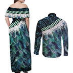 Turquoise Traditional Cloak Aotearoa Couples Matching Off Shoulder Maxi Dress and Long Sleeve Button Shirt Maori Paua Shell Korowai Pattern