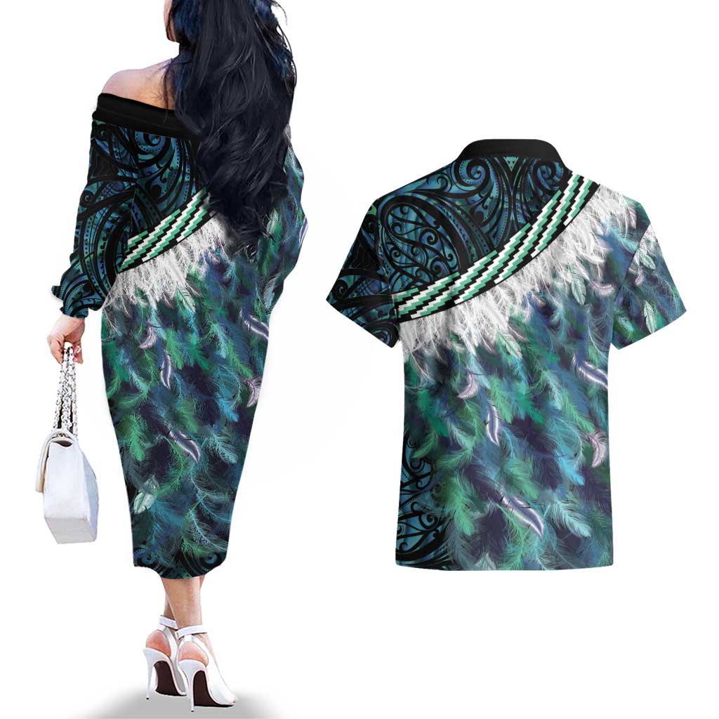 Turquoise Traditional Cloak Aotearoa Couples Matching Off The Shoulder Long Sleeve Dress and Hawaiian Shirt Maori Paua Shell Korowai Pattern