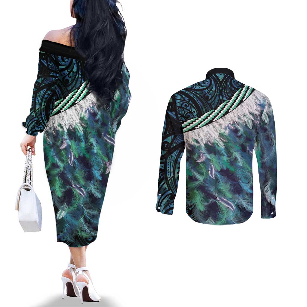 Turquoise Traditional Cloak Aotearoa Couples Matching Off The Shoulder Long Sleeve Dress and Long Sleeve Button Shirt Maori Paua Shell Korowai Pattern