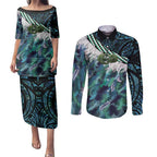 Turquoise Traditional Cloak Aotearoa Couples Matching Puletasi and Long Sleeve Button Shirt Maori Paua Shell Korowai Pattern