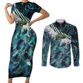 Turquoise Traditional Cloak Aotearoa Couples Matching Short Sleeve Bodycon Dress and Long Sleeve Button Shirt Maori Paua Shell Korowai Pattern