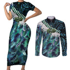 Turquoise Traditional Cloak Aotearoa Couples Matching Short Sleeve Bodycon Dress and Long Sleeve Button Shirt Maori Paua Shell Korowai Pattern