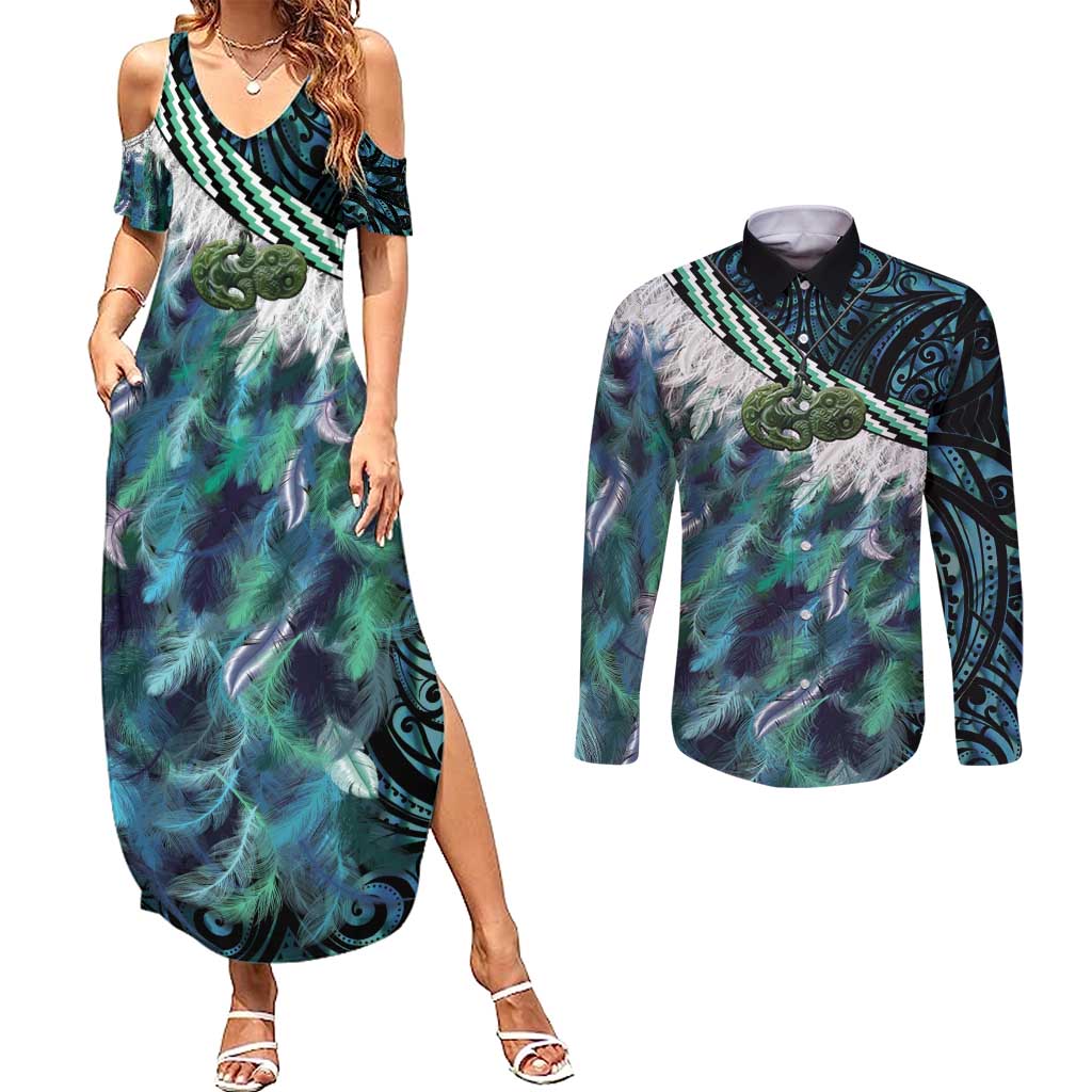 Turquoise Traditional Cloak Aotearoa Couples Matching Summer Maxi Dress and Long Sleeve Button Shirt Maori Paua Shell Korowai Pattern