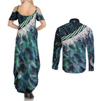 Turquoise Traditional Cloak Aotearoa Couples Matching Summer Maxi Dress and Long Sleeve Button Shirt Maori Paua Shell Korowai Pattern