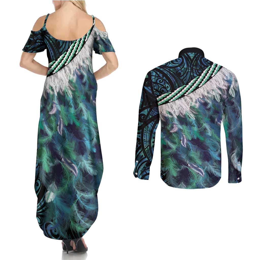 Turquoise Traditional Cloak Aotearoa Couples Matching Summer Maxi Dress and Long Sleeve Button Shirt Maori Paua Shell Korowai Pattern
