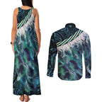 Turquoise Traditional Cloak Aotearoa Couples Matching Tank Maxi Dress and Long Sleeve Button Shirt Maori Paua Shell Korowai Pattern