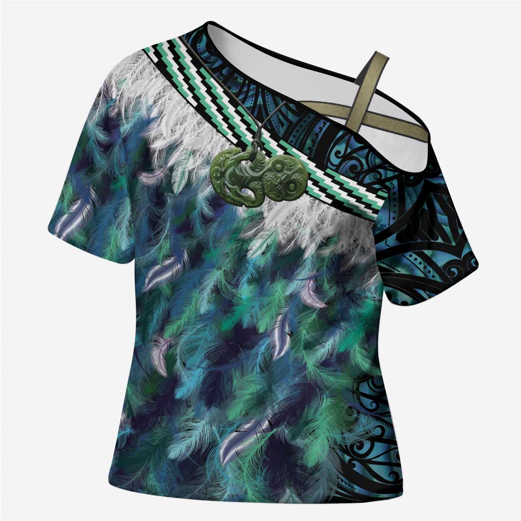 Turquoise Traditional Cloak Aotearoa Cross Shoulder Shirt Maori Paua Shell Korowai Pattern - Aussie Hoodie