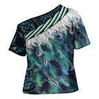 Turquoise Traditional Cloak Aotearoa Cross Shoulder Shirt Maori Paua Shell Korowai Pattern - Aussie Hoodie