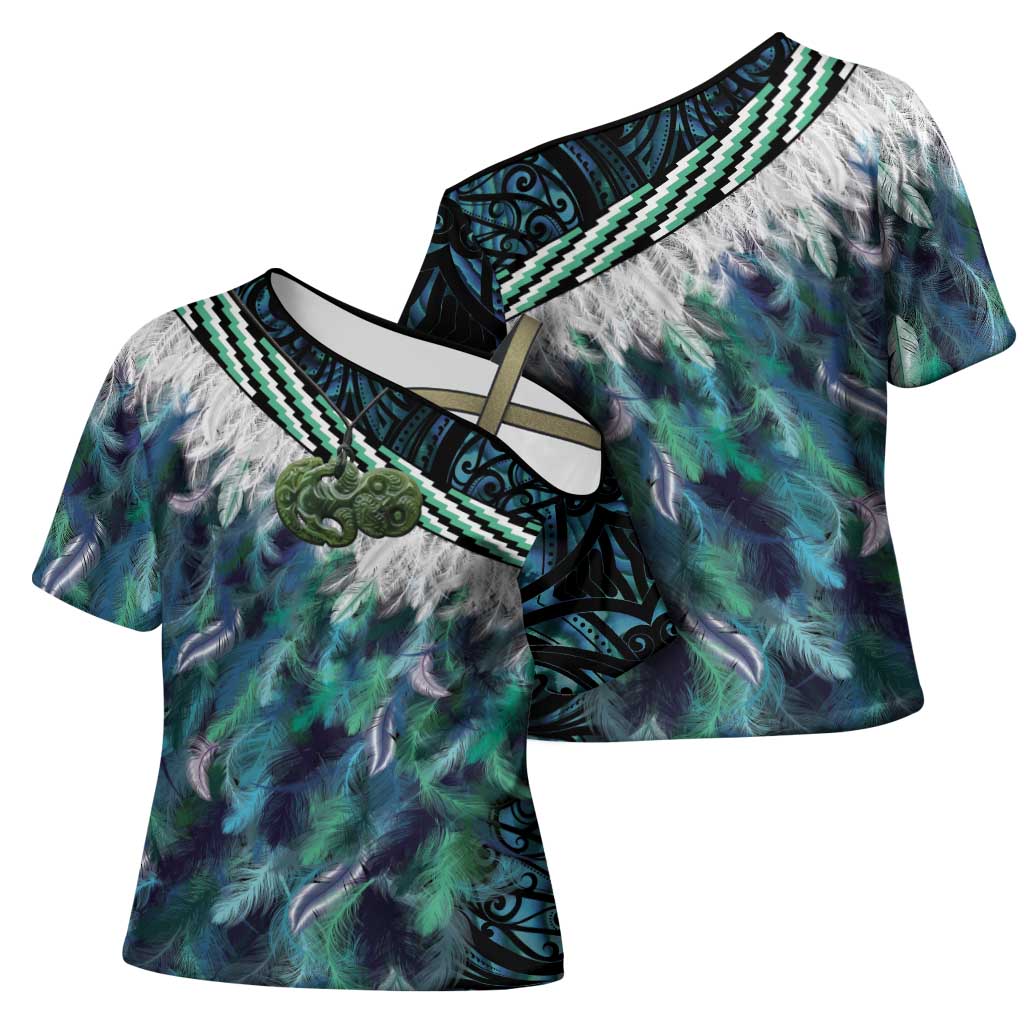 Turquoise Traditional Cloak Aotearoa Cross Shoulder Shirt Maori Paua Shell Korowai Pattern - Aussie Hoodie