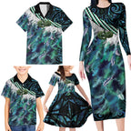 Turquoise Traditional Cloak Aotearoa Family Matching Long Sleeve Bodycon Dress and Hawaiian Shirt Maori Paua Shell Korowai Pattern