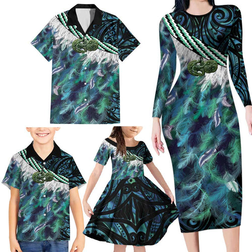 Turquoise Traditional Cloak Aotearoa Family Matching Long Sleeve Bodycon Dress and Hawaiian Shirt Maori Paua Shell Korowai Pattern