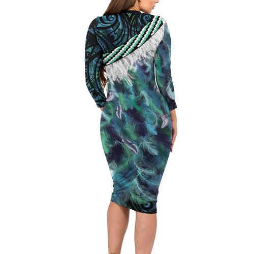 Turquoise Traditional Cloak Aotearoa Family Matching Long Sleeve Bodycon Dress and Hawaiian Shirt Maori Paua Shell Korowai Pattern