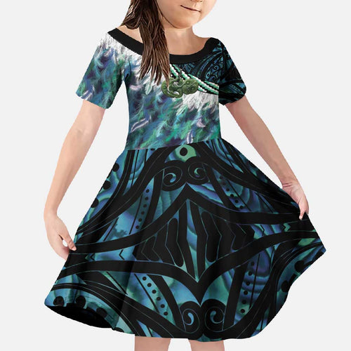 Turquoise Traditional Cloak Aotearoa Family Matching Mermaid Dress and Hawaiian Shirt Maori Paua Shell Korowai Pattern