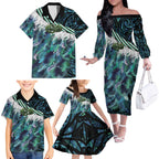 Turquoise Traditional Cloak Aotearoa Family Matching Off The Shoulder Long Sleeve Dress and Hawaiian Shirt Maori Paua Shell Korowai Pattern