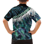 Turquoise Traditional Cloak Aotearoa Family Matching Off The Shoulder Long Sleeve Dress and Hawaiian Shirt Maori Paua Shell Korowai Pattern