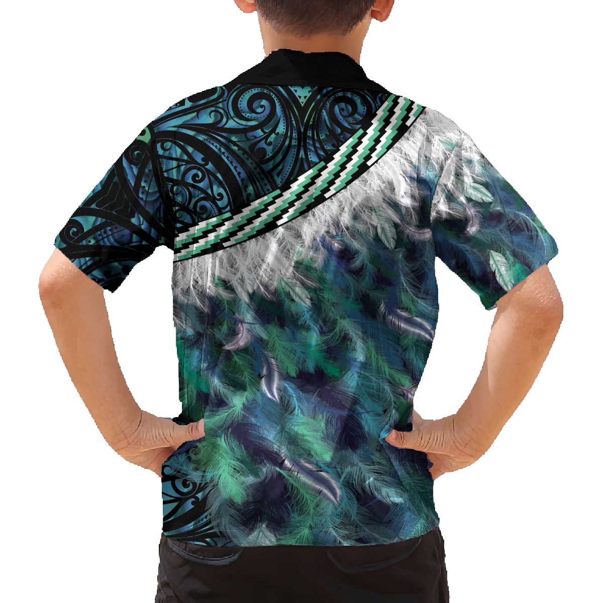 Turquoise Traditional Cloak Aotearoa Family Matching Off The Shoulder Long Sleeve Dress and Hawaiian Shirt Maori Paua Shell Korowai Pattern