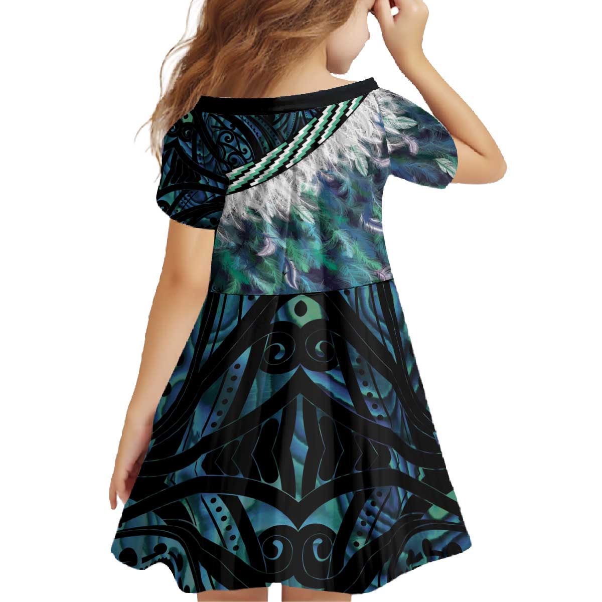 Turquoise Traditional Cloak Aotearoa Family Matching Off The Shoulder Long Sleeve Dress and Hawaiian Shirt Maori Paua Shell Korowai Pattern