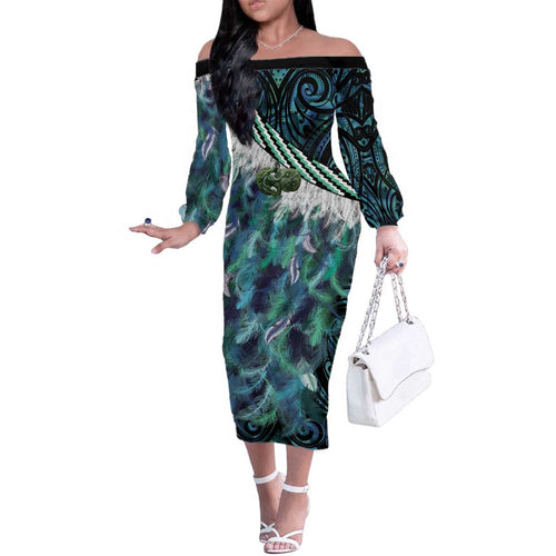 Turquoise Traditional Cloak Aotearoa Family Matching Off The Shoulder Long Sleeve Dress and Hawaiian Shirt Maori Paua Shell Korowai Pattern