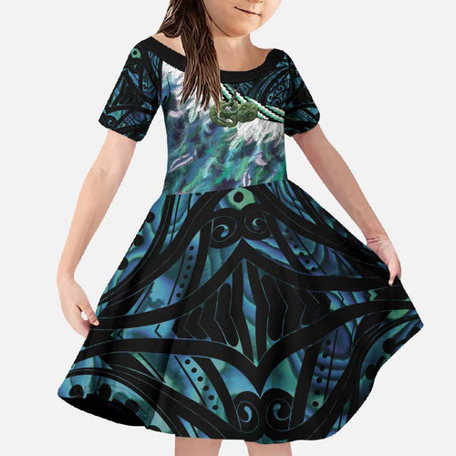 Turquoise Traditional Cloak Aotearoa Family Matching Off Shoulder Maxi Dress and Hawaiian Shirt Maori Paua Shell Korowai Pattern