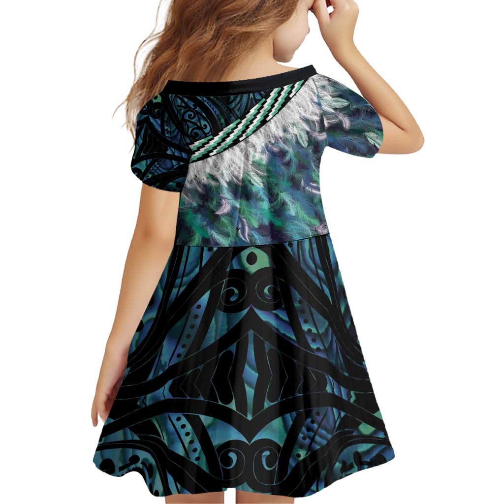 Turquoise Traditional Cloak Aotearoa Family Matching Off Shoulder Short Dress and Hawaiian Shirt Maori Paua Shell Korowai Pattern