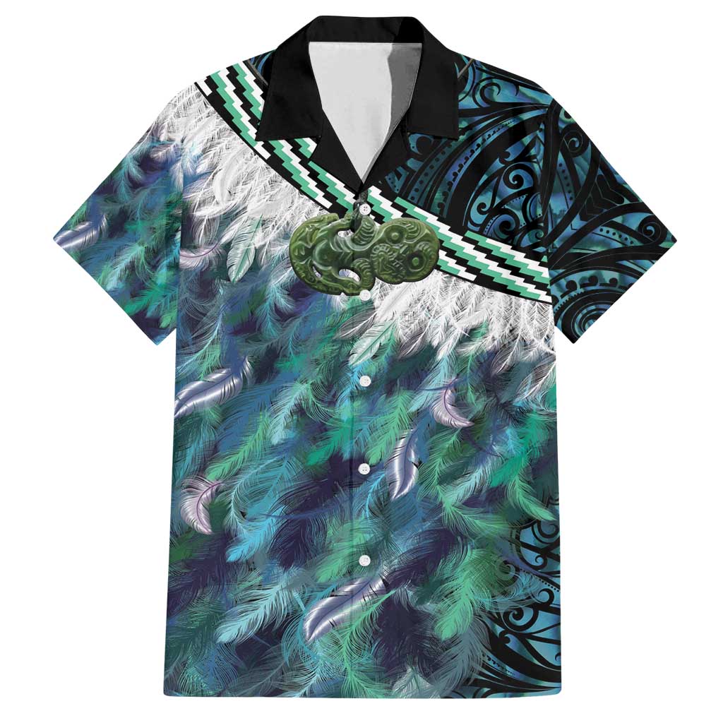 Turquoise Traditional Cloak Aotearoa Family Matching Off Shoulder Short Dress and Hawaiian Shirt Maori Paua Shell Korowai Pattern