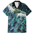 Turquoise Traditional Cloak Aotearoa Family Matching Off Shoulder Short Dress and Hawaiian Shirt Maori Paua Shell Korowai Pattern