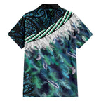 Turquoise Traditional Cloak Aotearoa Family Matching Off Shoulder Short Dress and Hawaiian Shirt Maori Paua Shell Korowai Pattern