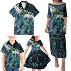 Turquoise Traditional Cloak Aotearoa Family Matching Puletasi and Hawaiian Shirt Maori Paua Shell Korowai Pattern