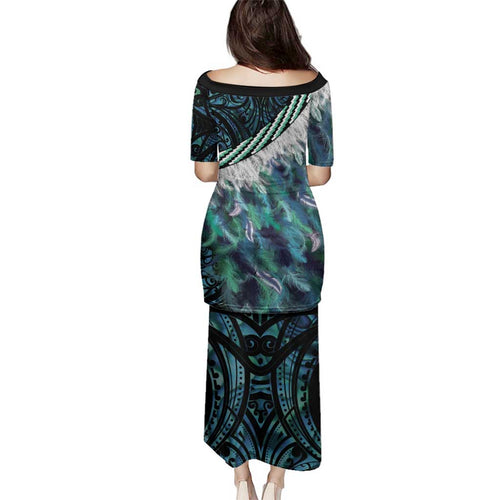Turquoise Traditional Cloak Aotearoa Family Matching Puletasi and Hawaiian Shirt Maori Paua Shell Korowai Pattern