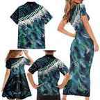 Turquoise Traditional Cloak Aotearoa Family Matching Short Sleeve Bodycon Dress and Hawaiian Shirt Maori Paua Shell Korowai Pattern