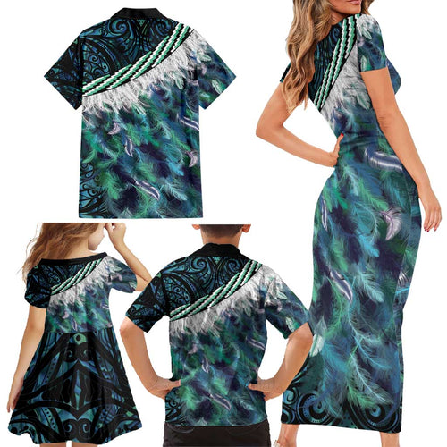Turquoise Traditional Cloak Aotearoa Family Matching Short Sleeve Bodycon Dress and Hawaiian Shirt Maori Paua Shell Korowai Pattern