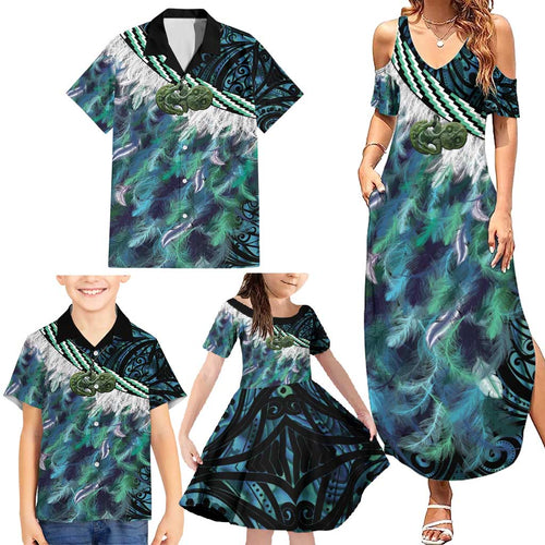 Turquoise Traditional Cloak Aotearoa Family Matching Summer Maxi Dress and Hawaiian Shirt Maori Paua Shell Korowai Pattern
