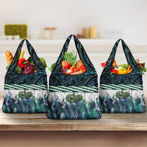 Turquoise Traditional Cloak Aotearoa Grocery Bag Maori Paua Shell Korowai Pattern