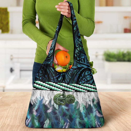 Turquoise Traditional Cloak Aotearoa Grocery Bag Maori Paua Shell Korowai Pattern