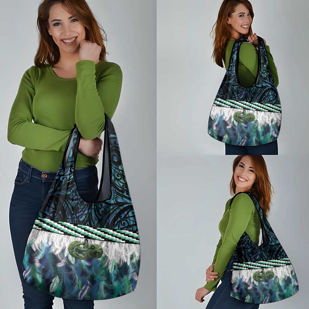 Turquoise Traditional Cloak Aotearoa Grocery Bag Maori Paua Shell Korowai Pattern