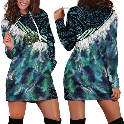 Turquoise Traditional Cloak Aotearoa Hoodie Dress Maori Paua Shell Korowai Pattern