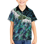 Turquoise Traditional Cloak Aotearoa Kid Hawaiian Shirt Maori Paua Shell Korowai Pattern