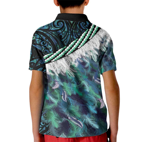 Turquoise Traditional Cloak Aotearoa Kid Polo Shirt Maori Paua Shell Korowai Pattern