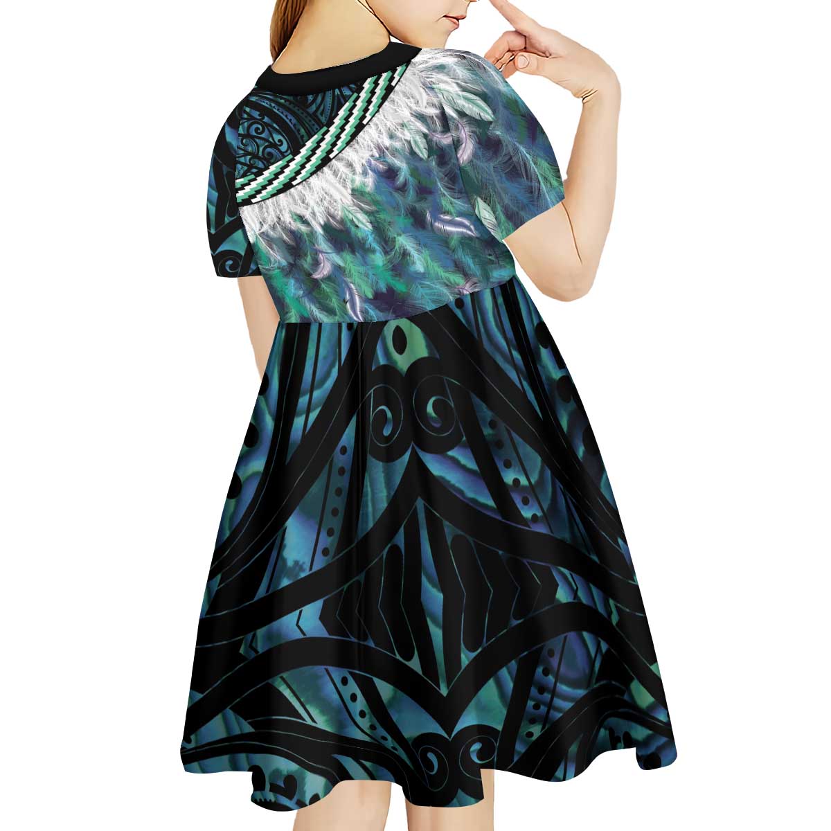 Turquoise Traditional Cloak Aotearoa Kid Short Sleeve Dress Maori Paua Shell Korowai Pattern