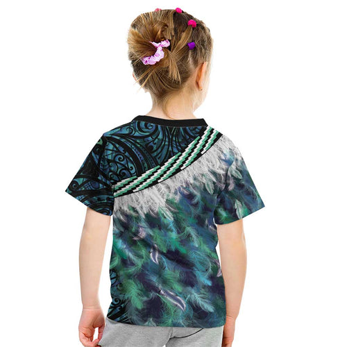 Turquoise Traditional Cloak Aotearoa Kid T Shirt Maori Paua Shell Korowai Pattern