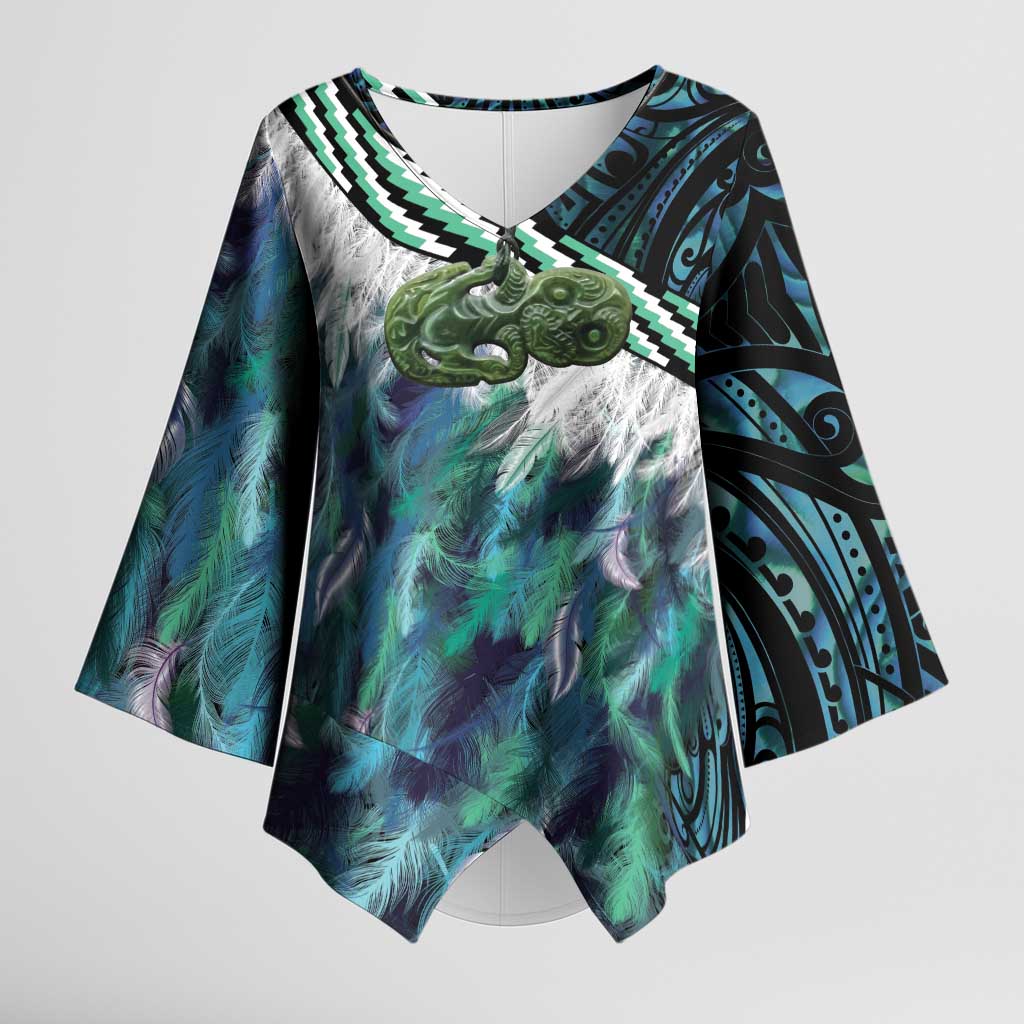 Turquoise Traditional Cloak Aotearoa Kimono Sleeve Blouse Maori Paua Shell Korowai Pattern - Aussie Hoodie