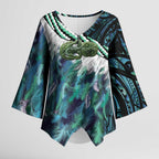 Turquoise Traditional Cloak Aotearoa Kimono Sleeve Blouse Maori Paua Shell Korowai Pattern - Aussie Hoodie