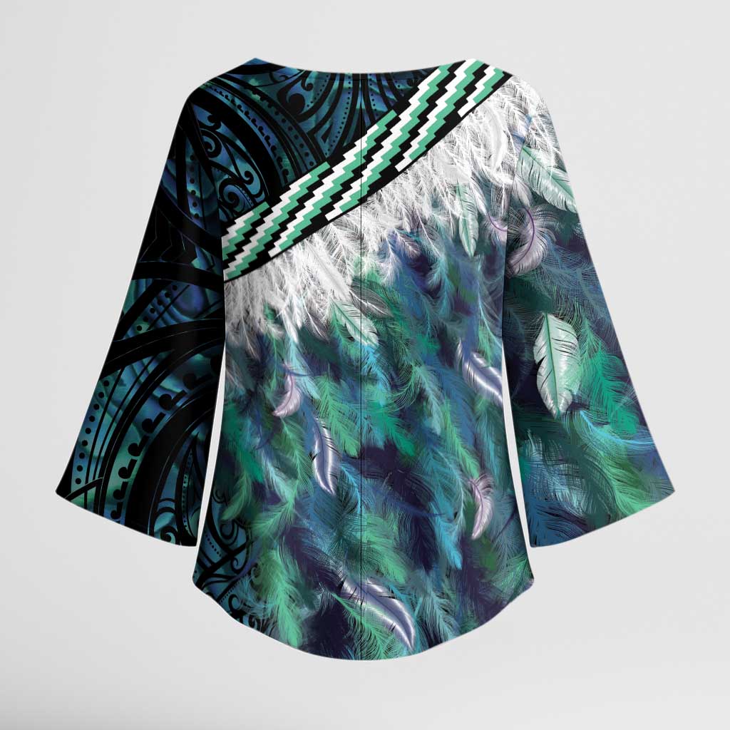 Turquoise Traditional Cloak Aotearoa Kimono Sleeve Blouse Maori Paua Shell Korowai Pattern - Aussie Hoodie
