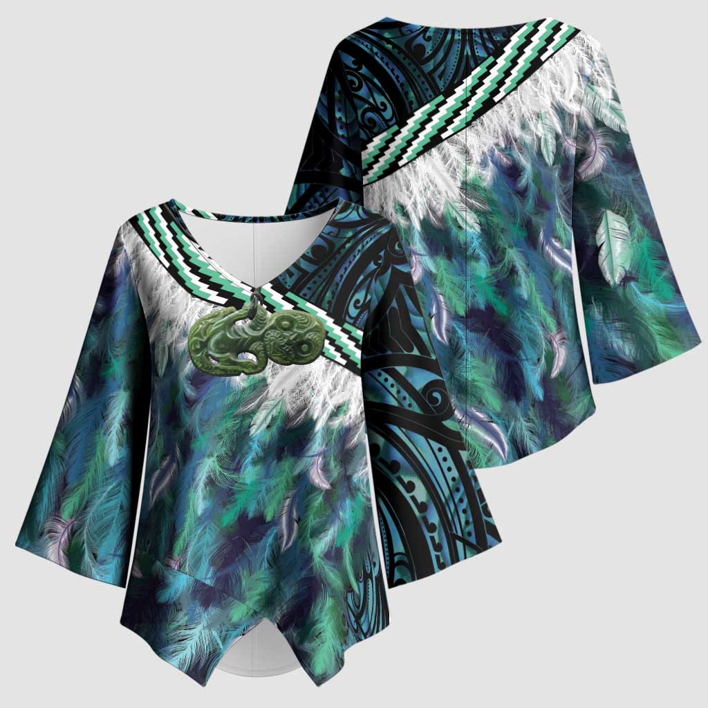 Turquoise Traditional Cloak Aotearoa Kimono Sleeve Blouse Maori Paua Shell Korowai Pattern - Aussie Hoodie