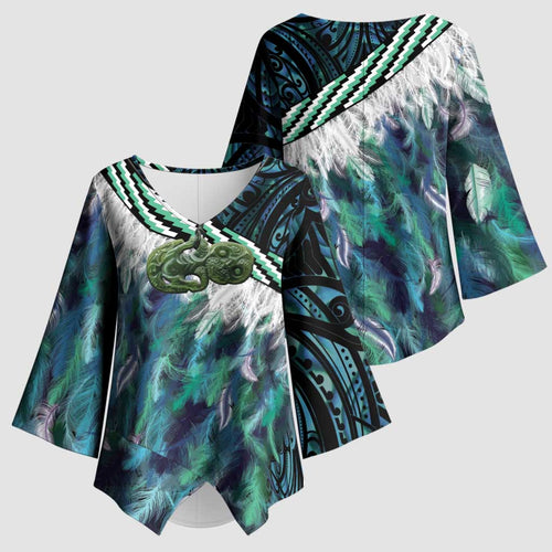 Turquoise Traditional Cloak Aotearoa Kimono Sleeve Blouse Maori Paua Shell Korowai Pattern - Aussie Hoodie