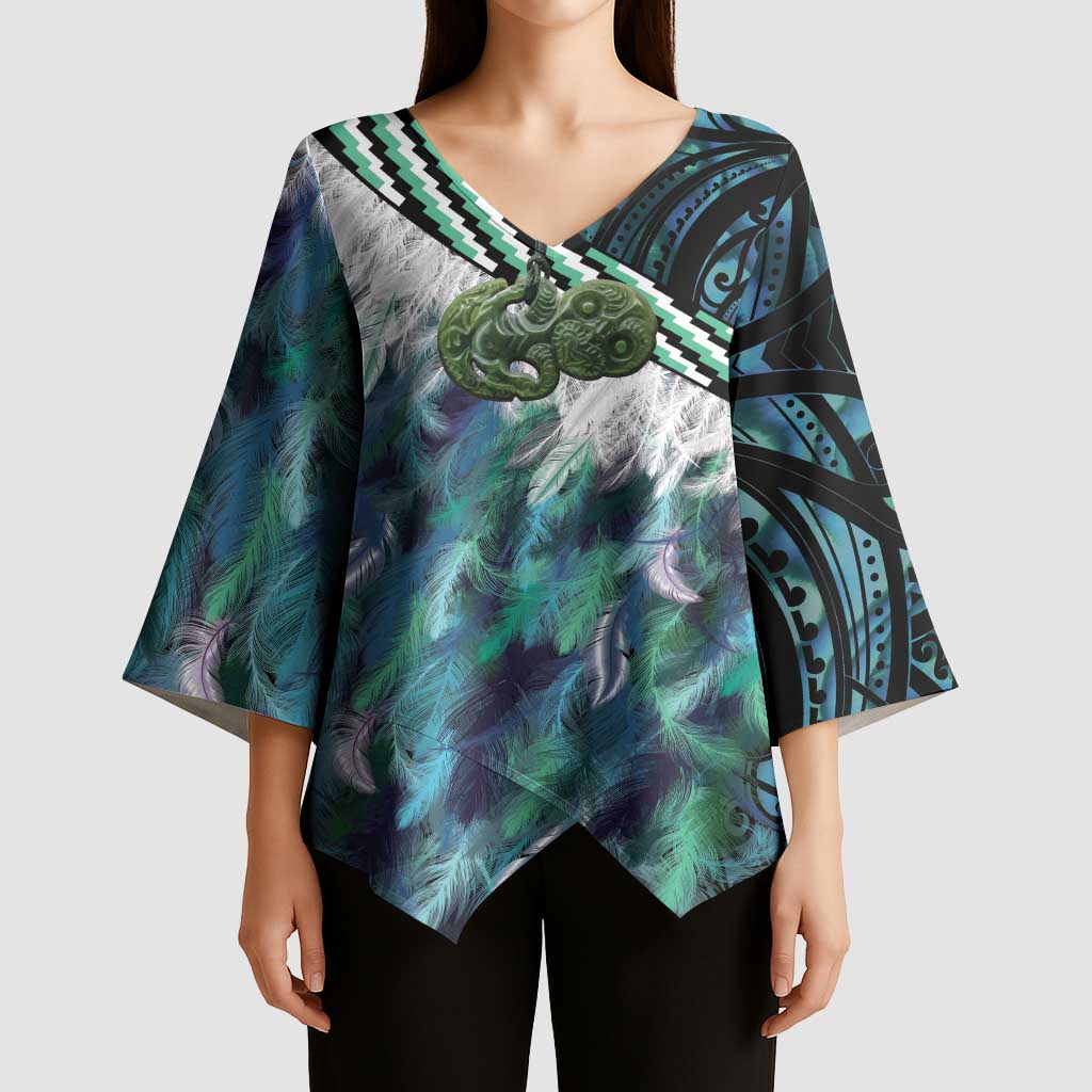 Turquoise Traditional Cloak Aotearoa Kimono Sleeve Blouse Maori Paua Shell Korowai Pattern - Aussie Hoodie
