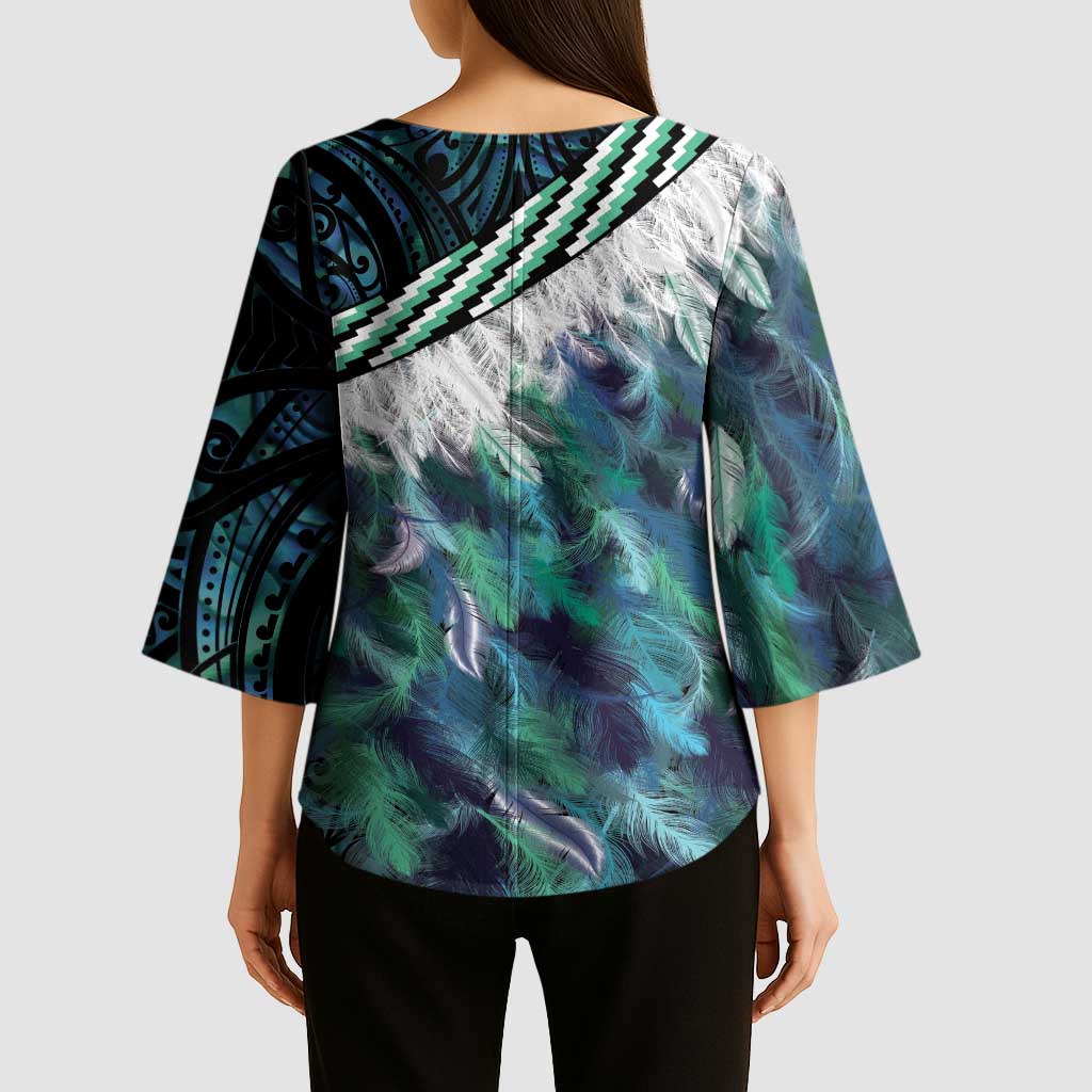 Turquoise Traditional Cloak Aotearoa Kimono Sleeve Blouse Maori Paua Shell Korowai Pattern - Aussie Hoodie