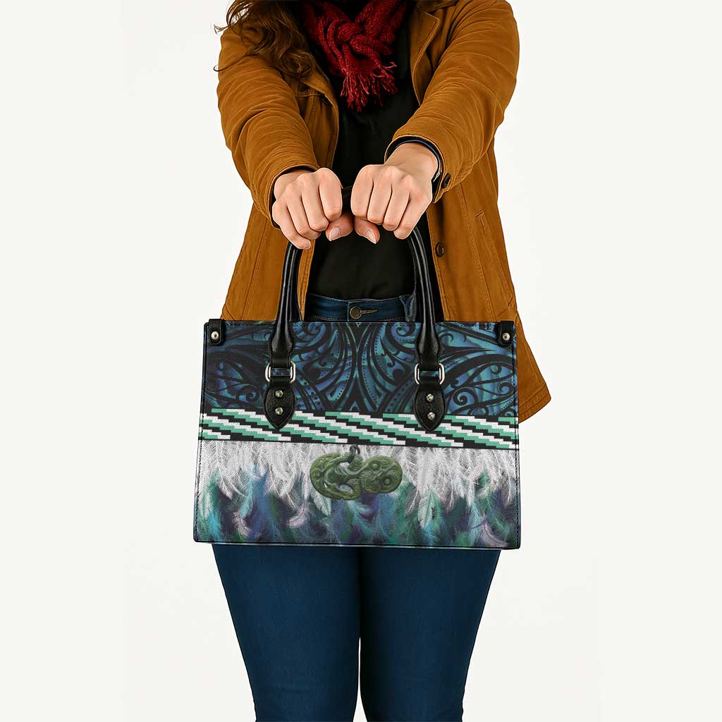 Turquoise Traditional Cloak Aotearoa Leather Bag Maori Paua Shell Korowai Pattern - Aussie Hoodie