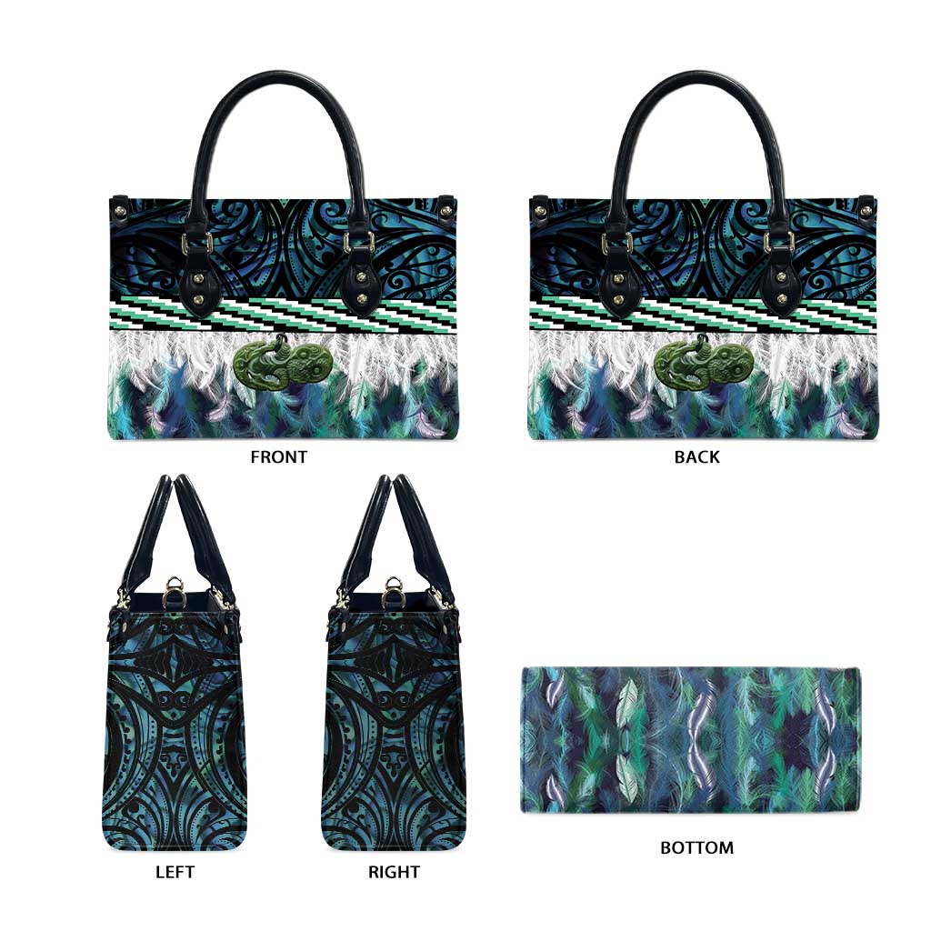 Turquoise Traditional Cloak Aotearoa Leather Bag Maori Paua Shell Korowai Pattern - Aussie Hoodie
