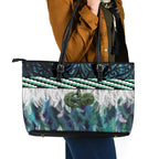 Turquoise Traditional Cloak Aotearoa Leather Tote Bag Maori Paua Shell Korowai Pattern
